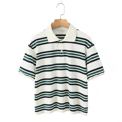 Stripe T-shirt Short Sleeve Female All Match Polo Shirts Summer New Loose Tops High Street