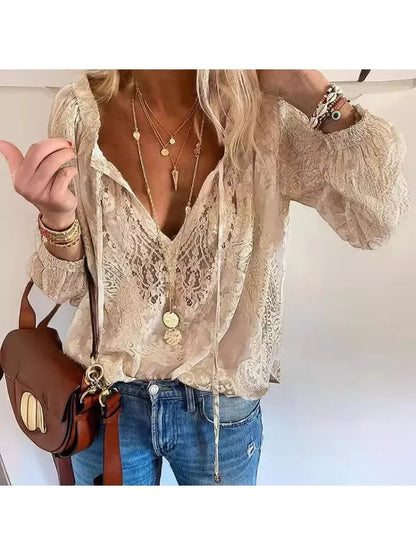 Button Lace-up Long Sleeve Blouse