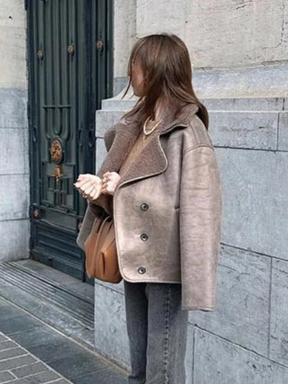 Lapel Lamb Wool Splicing Suede Jacket Single Breasted Long Sleeve Thicken Warm Coat Lady