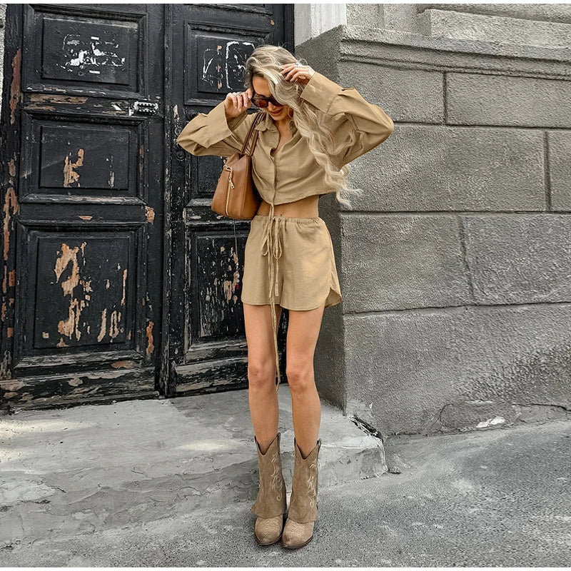 Summer Suit Lapel Single Breasted Full Sleeve Lace Up Waist Shorts Female Suit Oversize Two-piece Set