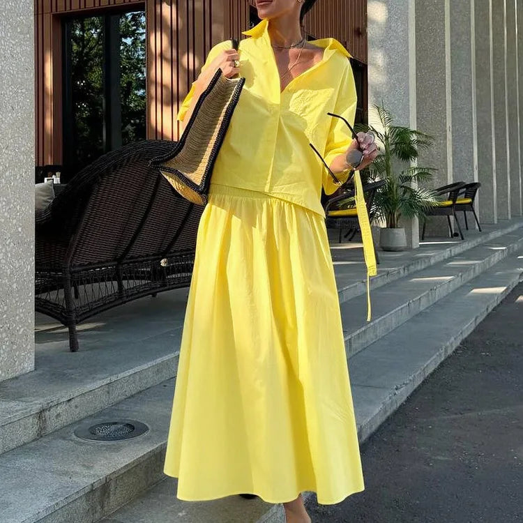 Pocket Blouse Two-piece Set Single Breasted Short Sleeve Blouse+elastic Waist Long Skirts Skirts Sets