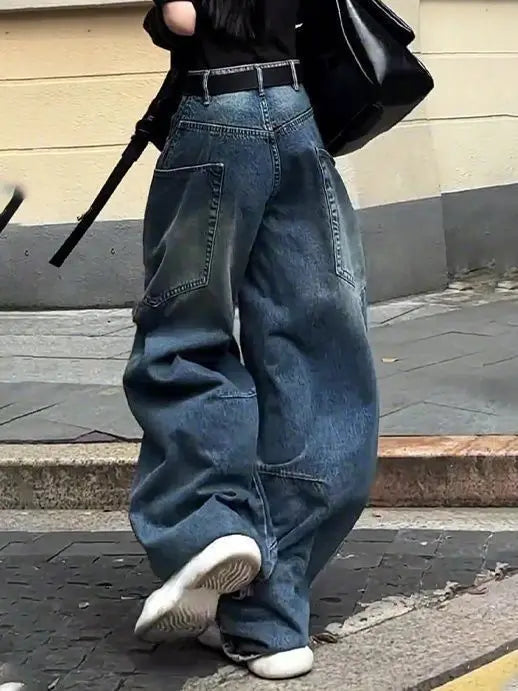 Fashionable High Street Straight Loose Jeans Simple Pocket Loose Wide-leg Jeans Harajuku Style Hip Hop Y2k Pants Baggy Pants