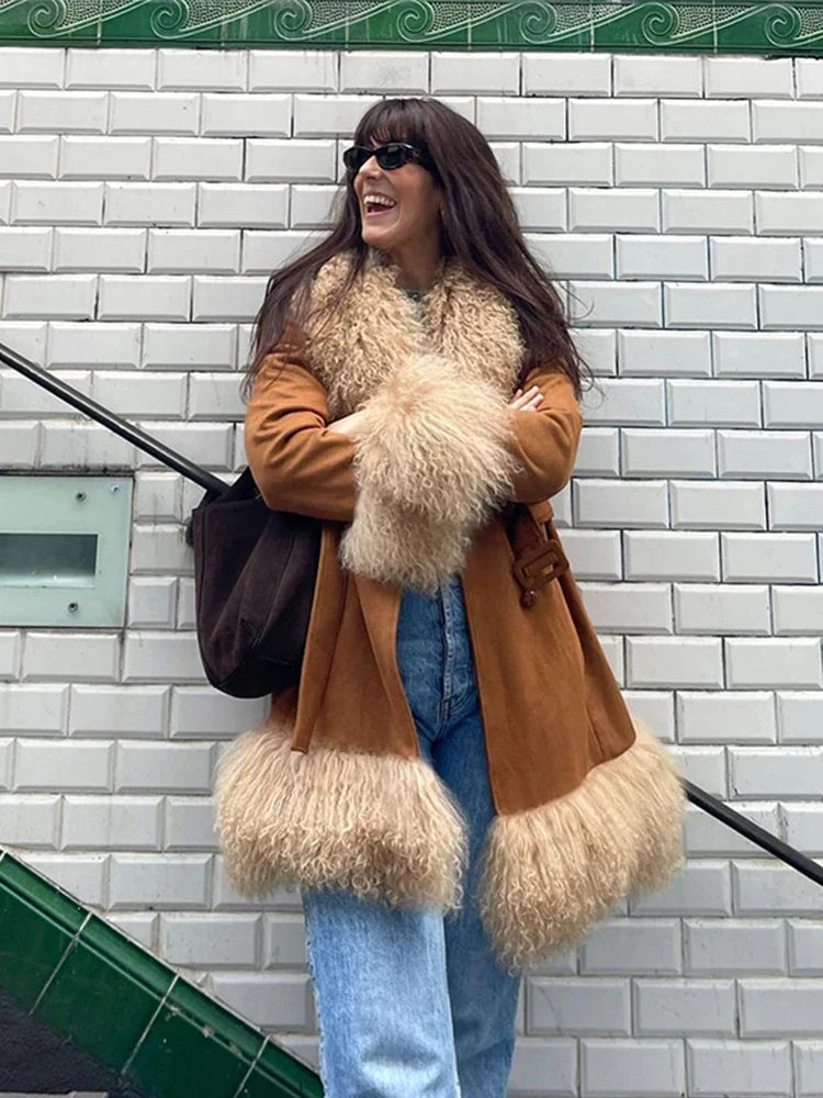 Furry Faux Fur Patchwork Coats Winter Long Sleeve Lapel Female Loose Jacket Pockets Thick Warm Lady Outwear