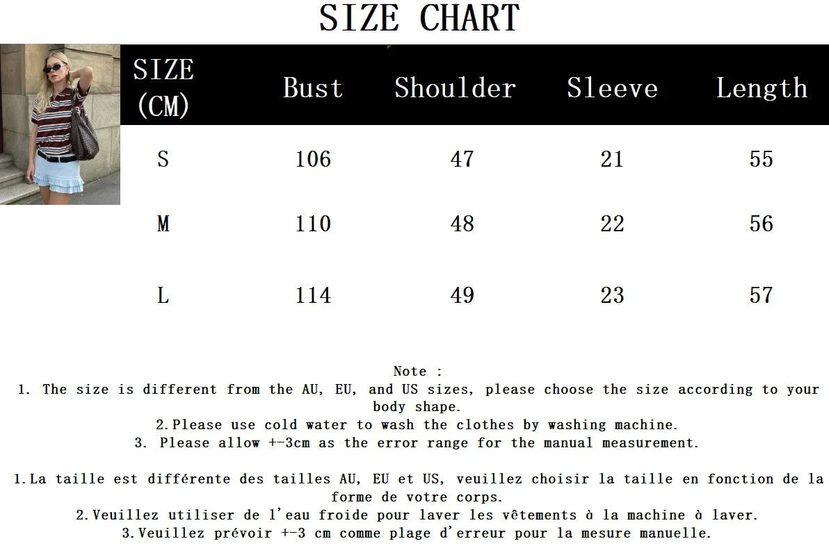 Striped Contrast Short Sleeve T-shirt Buttons Turndown Collar Tee Shirt Spring New Top Tees