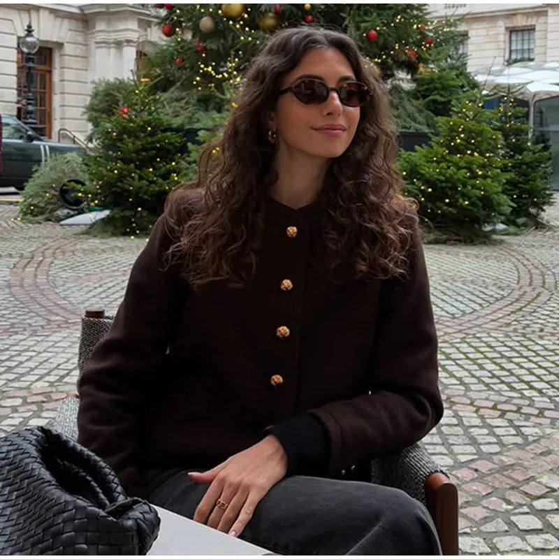 O-neck Plush Short Coats Retro Slim Fit Single Breasted Jackets Female New Spring Office Outwear