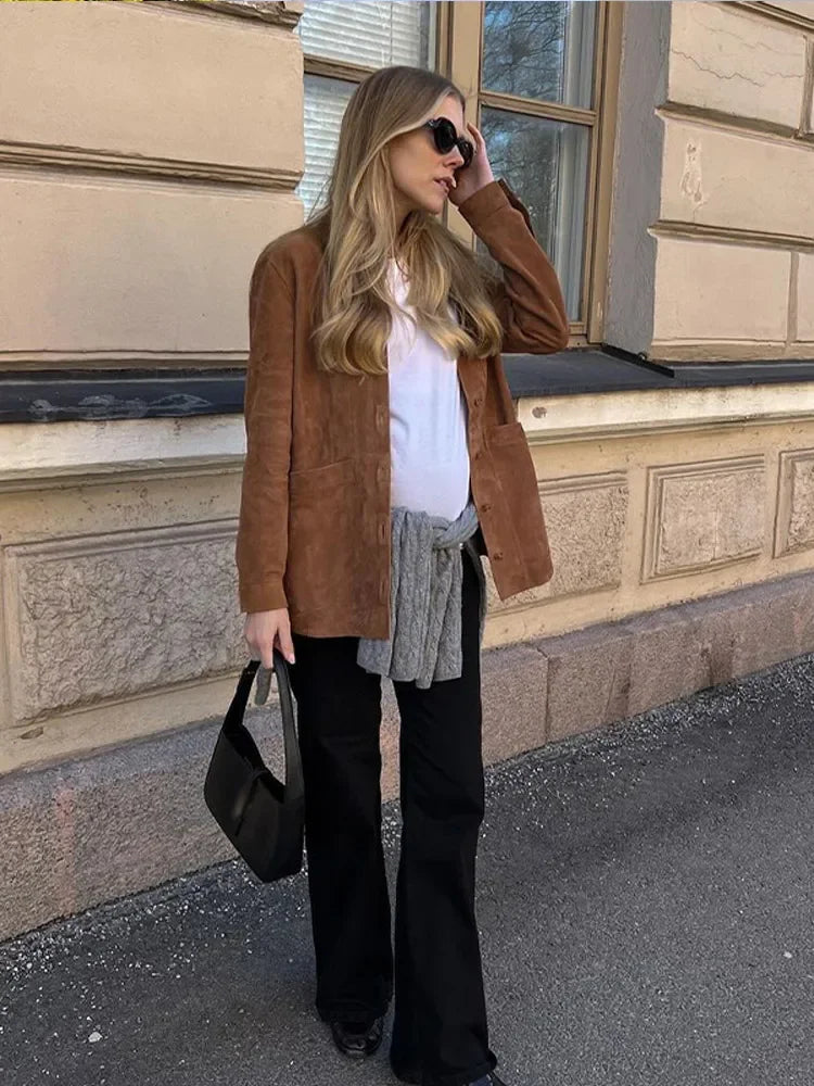 Suede Jackets Turn-down Collar Female Coat Autumn Single Breasted Lady Jacket Outwear