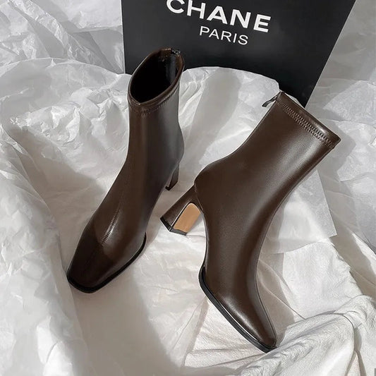 Square Ankle Comfortable Soft Leather High Heel Zipper Ankle Boot