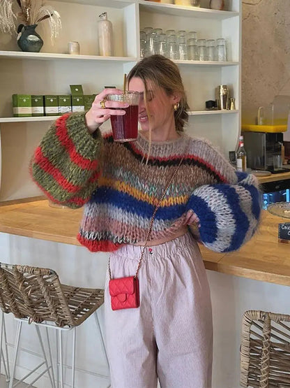 Knitted Colorful Stripes Sweater O Neck Puff Long Sleeves Short Pullover Autumn Lady High Street Jumper
