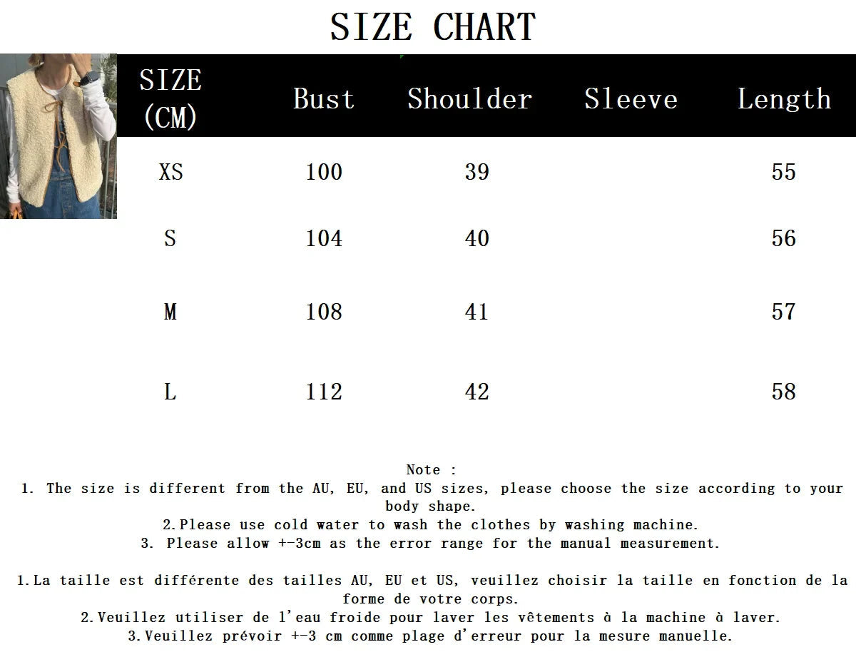Winter New Fleece Vest Jacket Round Neck Lace-up Sleeveless Jackets Simple Waistcoat Outerwear