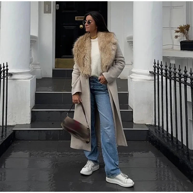 Faux Fur Patchwork Collar Woolen Belts Coat Button Up Pocket Thicken Warm Outwear Female Winter Jacket