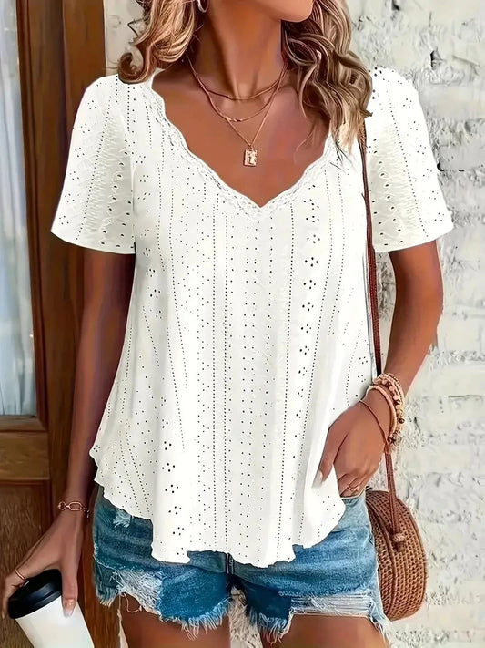 Eyelet V-neck T-shirt