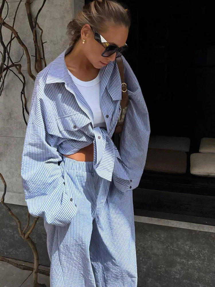 Contrast Color Shirt Pants Suit 2-piece Summer Striped Patchwork Suit 2-piece Pants Suit