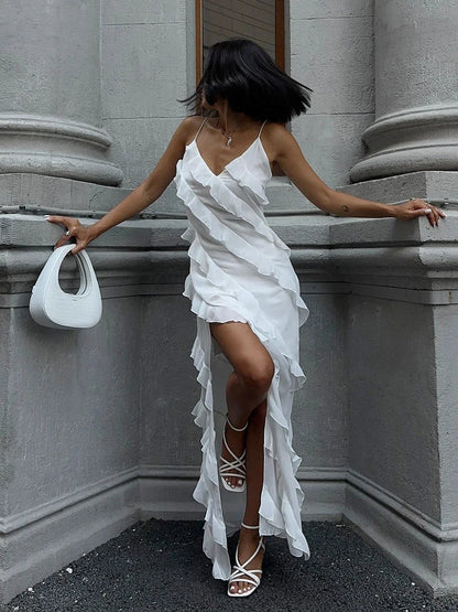 Wolfeel Fashionable Lace V-neck Spaghetti Strap Dress Summer New Color Female Beach Style Slit Long Dresses
