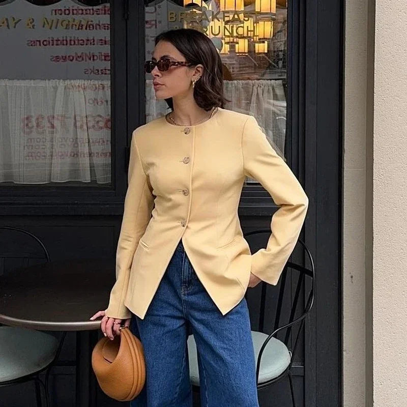 Office Coats O Neck Long Sleeve Pockets Single Breasted Female Jackets Autumn Lady Tops