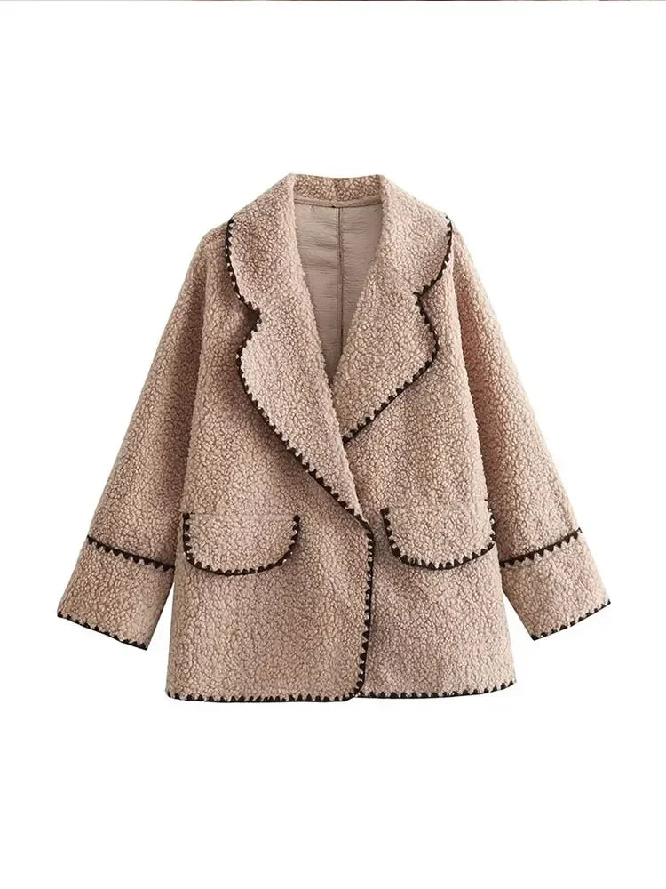 Contrasting One Button Lamb Woolen Coat Lapel Long Sleeves Short Plush Jacket Autumn Lady Street Outwear