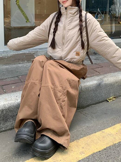 Plain Spliced Wide Leg Cargo Pants Big Pockets Drawstring Low Waist Loose Draped Sweatpants Lounge