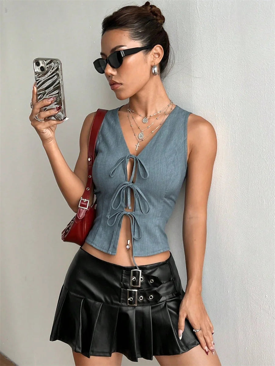 Lace-up V-neck Blouse