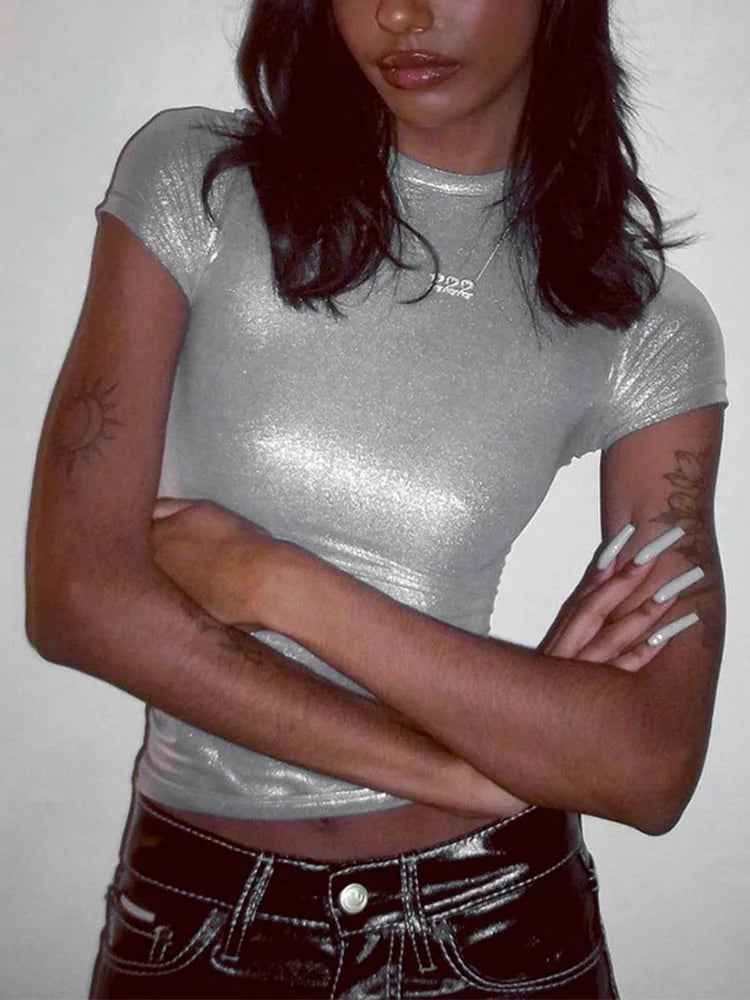 Leather Slim O-neck Y2k T-shirt