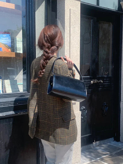 Wool Blends Coats Plaid Woolen Jacket Commute Blazer Korean Long Sleeve Outerwears Winter Overcoat