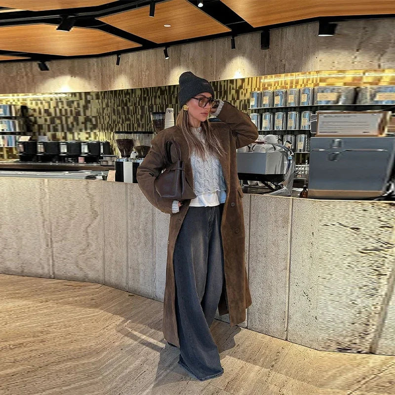 Long Long Sleeve Turn-down Collar Double Breasted Female Coat Autumn Lady Jacket New