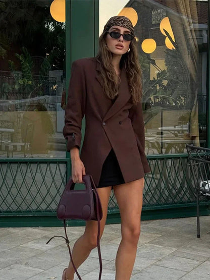Brown Lapel With Pocket Jacket Woman Cuff Buttons Long Sleeve Blazer Coat Lady Autumn High Street Outwear