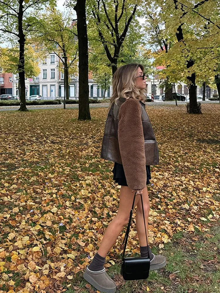 Zipper Patchwork Lamb Wool Leather Coats for Oversized Lapel Warm Jackets Lady High Street Outerwears