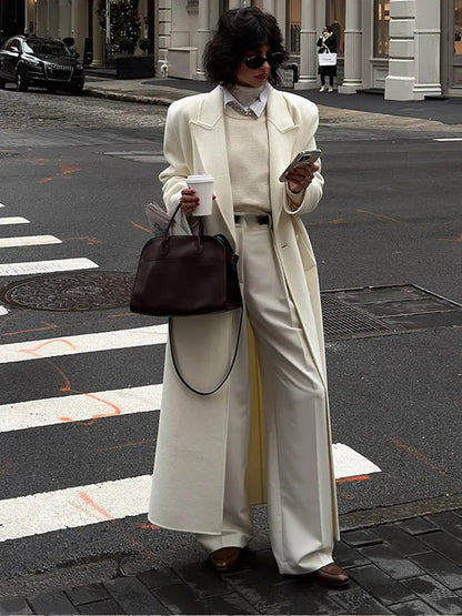 White Double Breasted Loose Woolen Coat Oversized Long Sleeve Overcoat Fall Winter New Outerwear