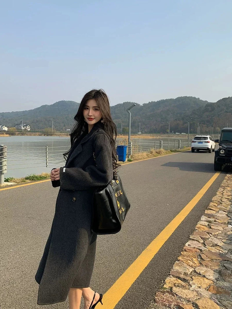 New Wool Blend Coat Mid Long Woolen Blazer Thick Warm Blouse Overcoat Office Lady Tops Autumn Winter