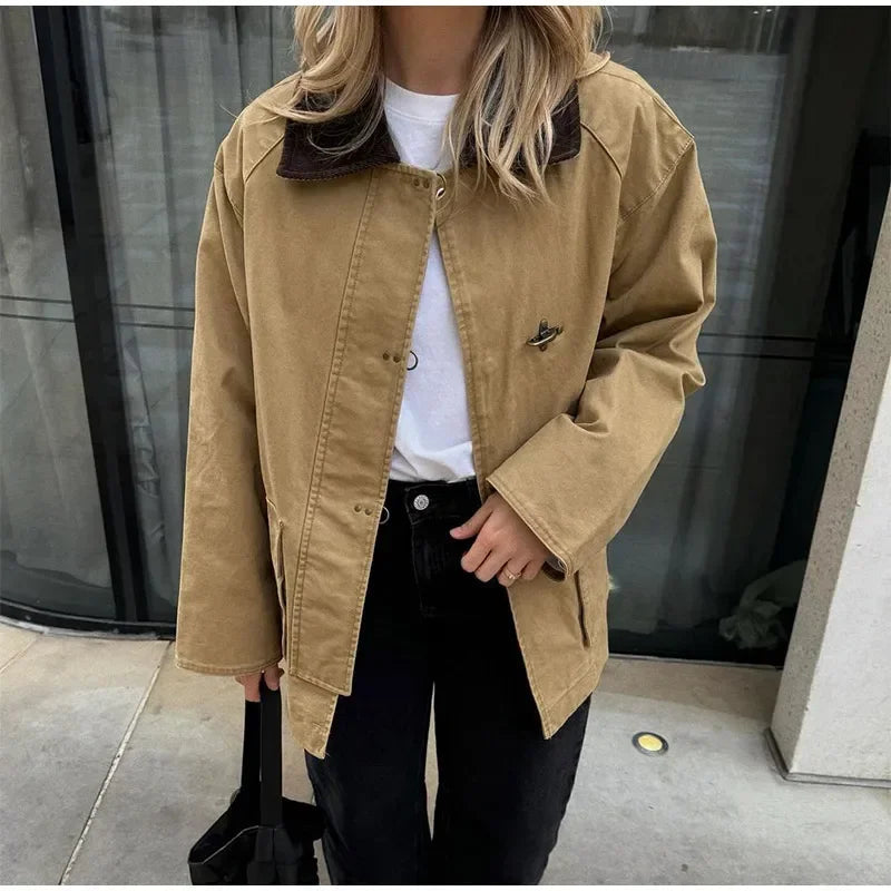 Patchwork Contrast Jacket Single Breasted Lapel Female Jackets Autumn Winter Locomotive Lady Outwear