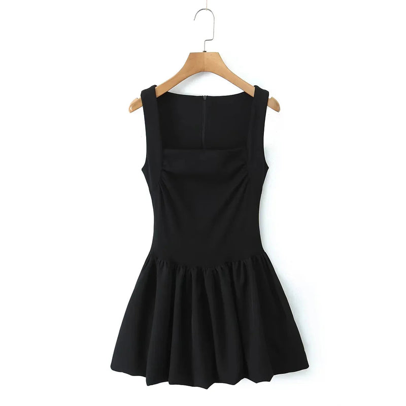 Spring New Pink Sweet Mini Dress Square Collar Sleeveless Short A-line Vestidos Female Dresses
