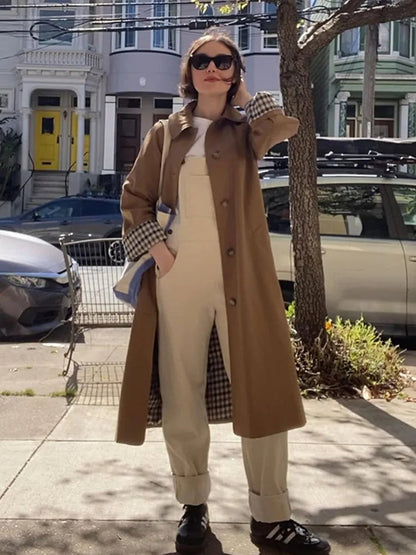 Woman Long Trench Coats Khaki Plaid Lined Lapel Single Breasted Jacket With Pocket Autumn Lady Commute Outwear