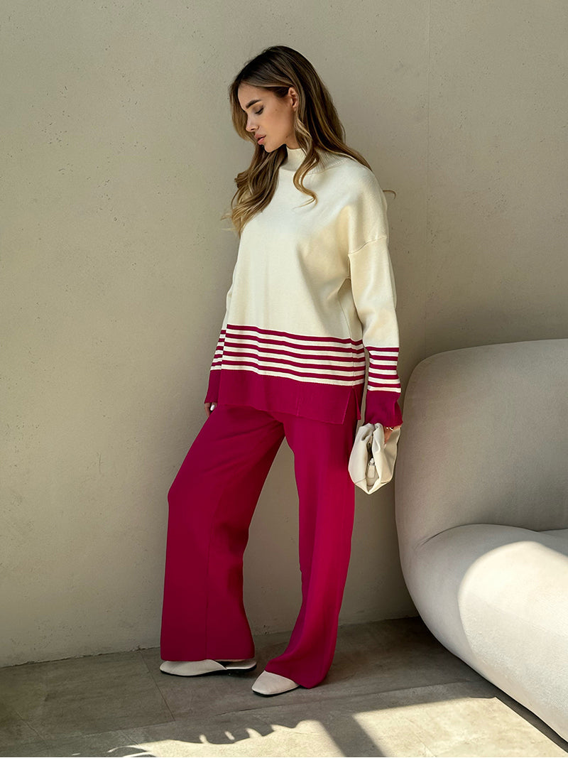 Rose Red - Striped Half-turtleneck Sweater Two Piece Set