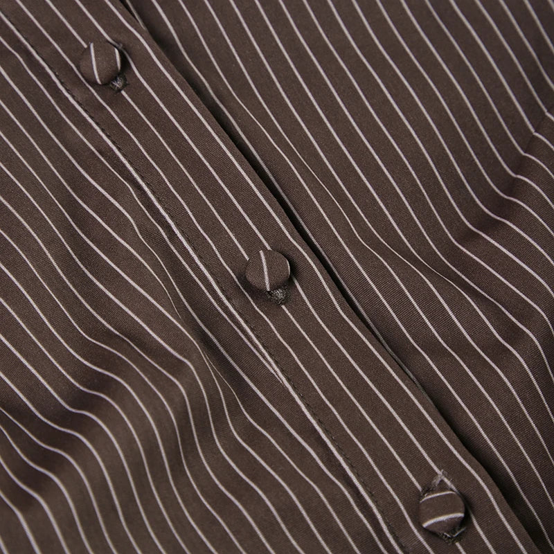Brown Striped Blouse High Street Fitted Tee Shirt 2000s Button Top Fall Outfits
