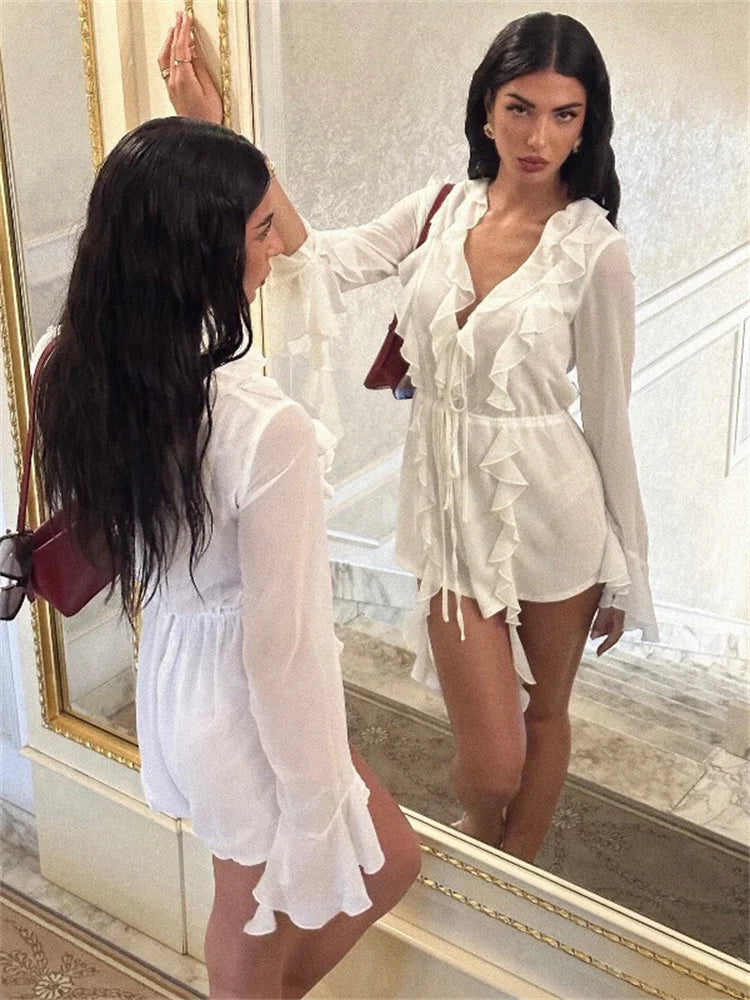 White Ruffled Mini Dress Lace-up See-through Long Sleeve V-neck Party Dress Female Bandage Mini Dress