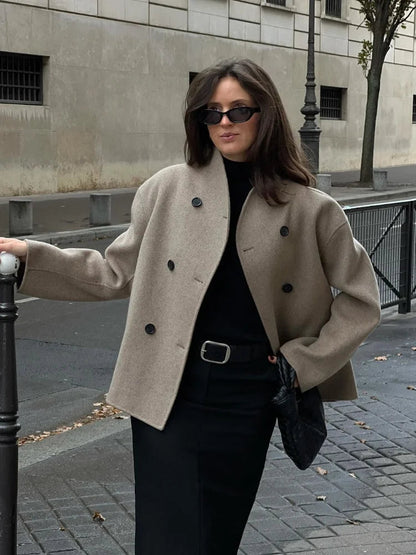 Wool Coats Loose Double Breasted Stand Collar Short Jacket Fall Winter Coat Female Commute Outerwear