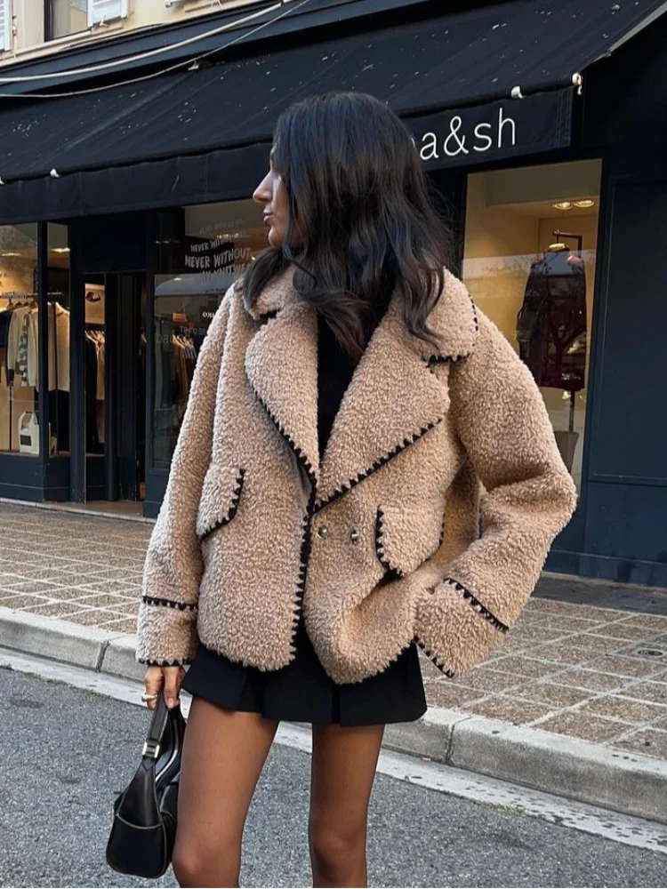Contrasting One Button Lamb Woolen Coat Lapel Long Sleeves Short Plush Jacket Autumn Lady Street Outwear