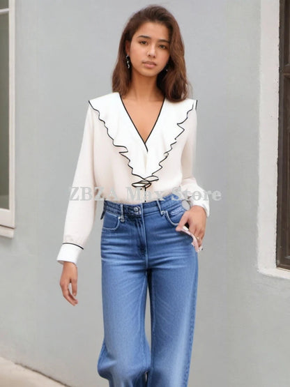 Contrast Pleated Ruffle V-neck Long Sleeve Blouse