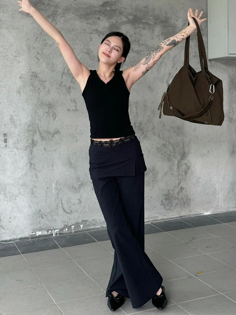Lace Patch Strap Bootcut Pants White
