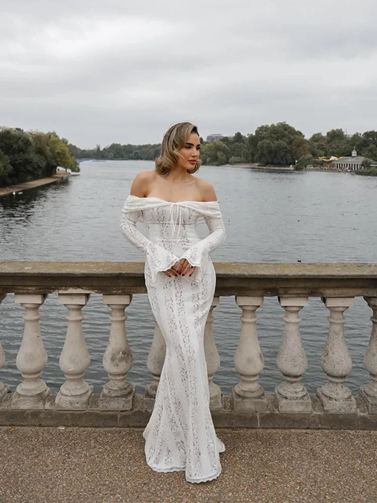 Hollow Lace Strapless Maxi Dress