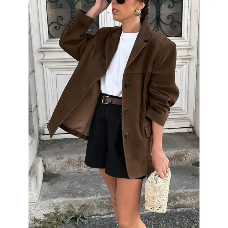 Lapel Pocket Suede Leather Jacket Loose Single Button Oversize Brown Coats Female Street Clothes