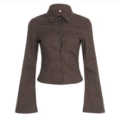 Brown Striped Blouse High Street Fitted Tee Shirt 2000s Button Top Fall Outfits