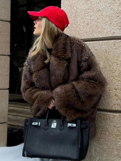 Furffy Thicken Jackets Faux Fur Loose Lapel Long Sleeves Warm Coats Female Winter Soft Outwears Lady