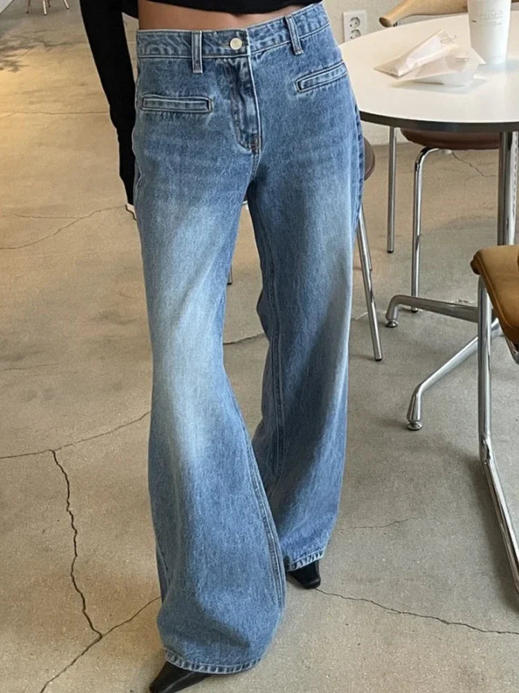 High Waist Loose Pockets Jeans Blue Wide Leg Pants Y2k New Autumn Winter Jeans