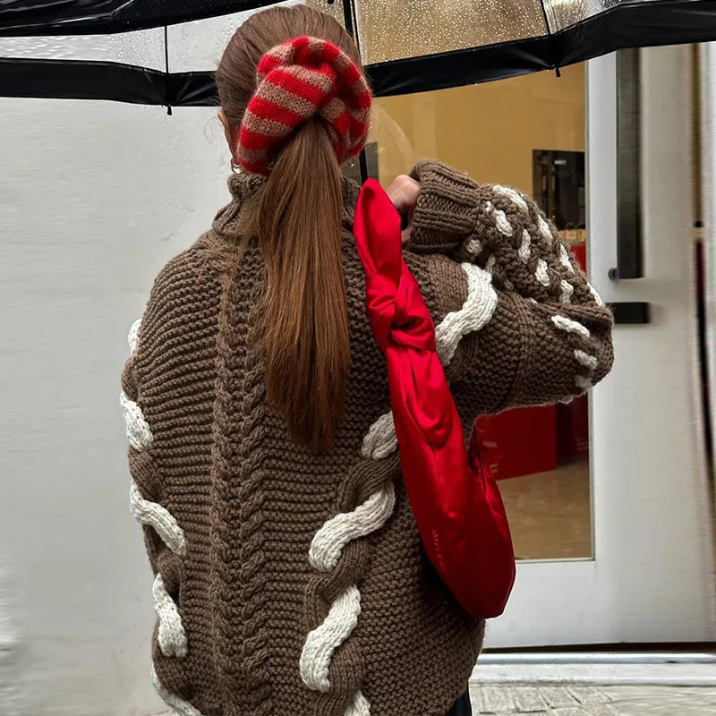 Turtleneck Sweater Contrast Twist Knitted Pullovers Crocheted Knitwear Long Sleeved Top Autumn Loose Jumper