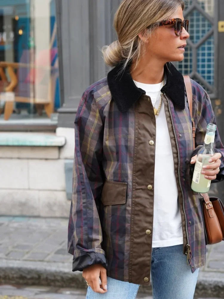Plaid Printed Jacket Patchwork Turn Down Collar Single Breasted Female Coat Autumn Long Sleeve Zipper Outwear