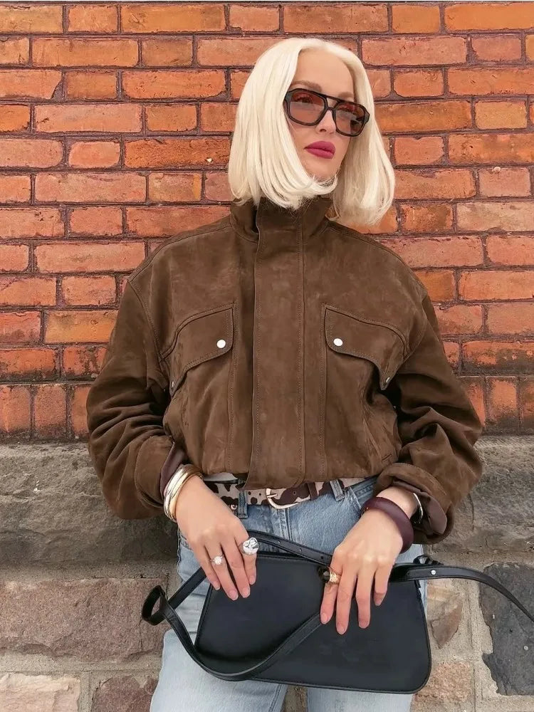 Zipper Suede Cargo Jacket Coat Button Lapel Maillard Slimming Workwear Leather Jackets Short Outwear Commute Overcoat