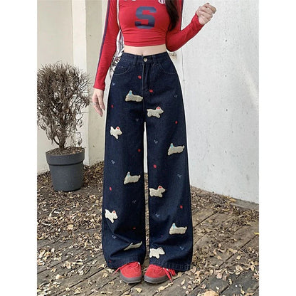 Dog Embroidery Pattern Wide Leg Jeans Cool Girl High Waist Baggy Pants Female Denim Trousers
