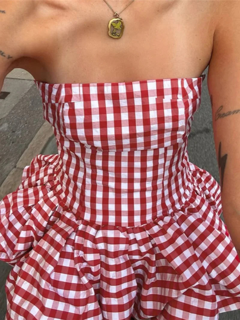 Spring Summer Plaid Tops for Strapless Off Shoulder Backless Ruched Red T-shirt Sleeveless Tees Top