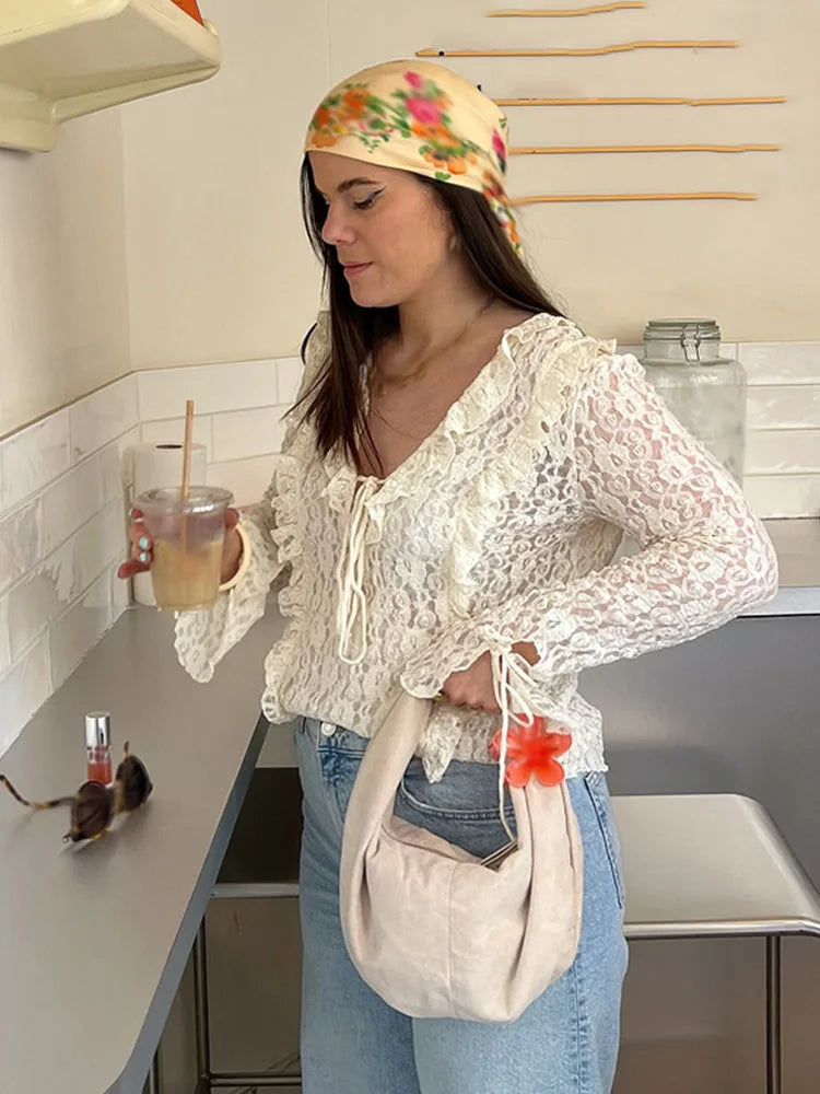 Spring V-neck Lace Laminated Blouse