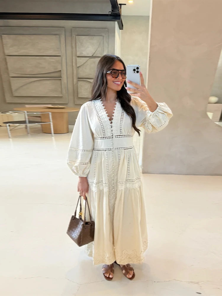 Hollow Lace V-neck Patchwork Maxi Midi Dress